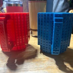 Red and Blue bold on or drink out of LEGO Mugs - Plastic Construction
